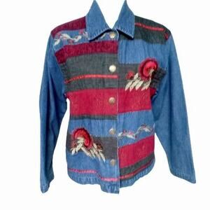 Retro Womens Patchwork Jean Jacket Blazer Embroidered Red Black 90s Vintage Coat